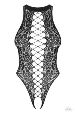 Obsessive Black Criss Cross Open Bodysuit -Glamour Lace Shop Mayfair StockingsObsessive B129 teddy packshot 2