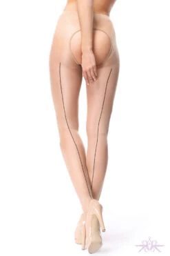 MissO 20 Denier Shiny Open Crotch Beige/Black Seamed Tights -Glamour Lace Shop Mayfair StockingsP211 visone2 4
